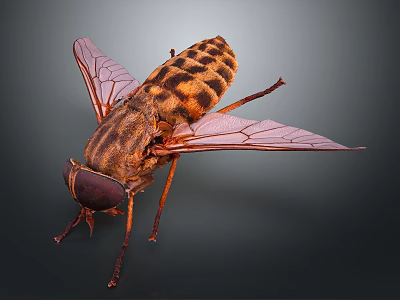 Detailed Striped Fly With Transparent Wings And Compound Eyes On Dark Background 3d model