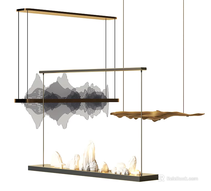 Modern Pendant Light With Mountain Pattern Wooden Accents And Geometric Frame 3d model