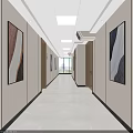 Modern Elevator Hallway Interior Design With Decorative Paintings Ceiling Lights And Distant Window 3d model