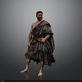 Man Wearing Traditional Scottish Plaid Kilt Standing Barefoot on Gray Background