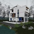 Modern Detached Villa with Lakefront View Large Windows and Green Lawn Surrounded by Trees
