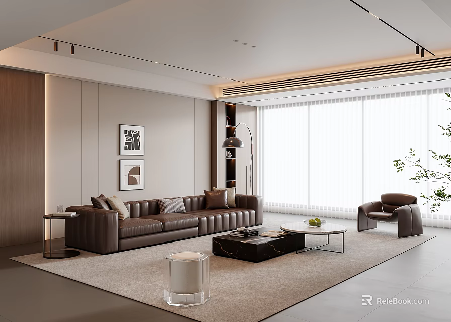 Modern Living Room Interior With Brown Leather Sofa Black Coffee Table And Wall Art 3d model 