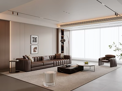 Modern Living Room Interior With Brown Leather Sofa Black Coffee Table And Wall Art 3d model