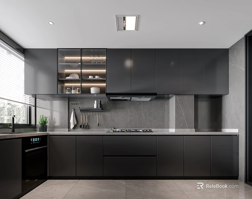 Modern Kitchen Interior Design With Black Cabinets Gray Countertop Window Range Hood And Potted Plant 3d model 