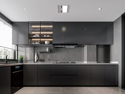 Modern Kitchen Interior Design With Black Cabinets Gray Countertop Window Range Hood And Potted Plant 3d model