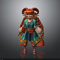 Cute Child With Red Ram Horns Long Red Hair Colorful Turquoise Top And Blue Skirt