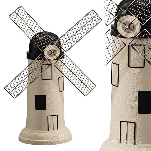 Windmill Shaped Decorative Ornament Set With Beige Body Black Details And Metal Grid Blades 3d model 