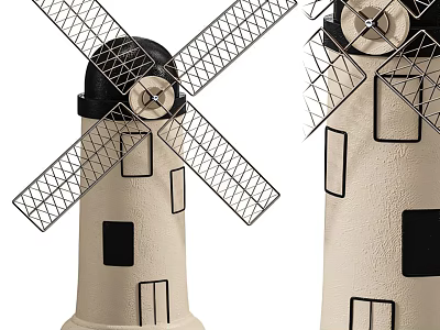 Windmill Shaped Decorative Ornament Set With Beige Body Black Details And Metal Grid Blades 3d model