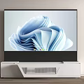 Modern TV Displaying Blue Abstract Pattern With White TV Stand In Interior
