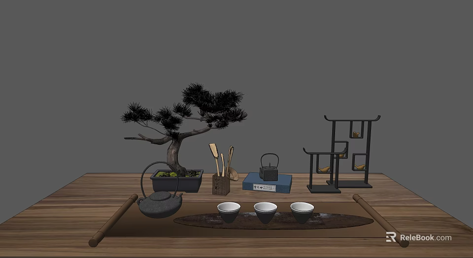 Traditional Tea Set with Teapot Teacups Scoops and Bonsai Pine on Wooden Tabletop with Shelf 3d model 