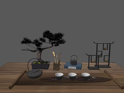 Traditional Tea Set with Teapot Teacups Scoops and Bonsai Pine on Wooden Tabletop with Shelf 3d model