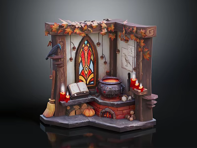Cartoon Magical Witch Scene With Stained Glass Window Cauldron Candles And Fall Leaves 3d model