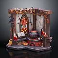 Cartoon Magical Witch Scene With Stained Glass Window Cauldron Candles And Fall Leaves