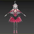 Anime Style Woman With Long Silver Hair Pink Accessories Black Pink Feather Dress