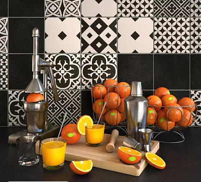 Fresh Oranges with Juicer Sliced Fruit and Orange Juice on Counter with Black White Tiles 3d model