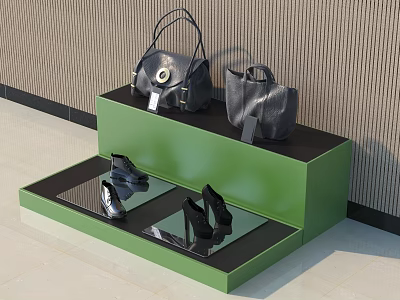Tiered Green Display Shelf With Black Handbags And High Heels On Mirror Base 3d model