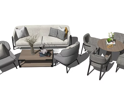 Modern Light Gray Sofa Set With Wooden Coffee Table And Accent Pillows 3d model