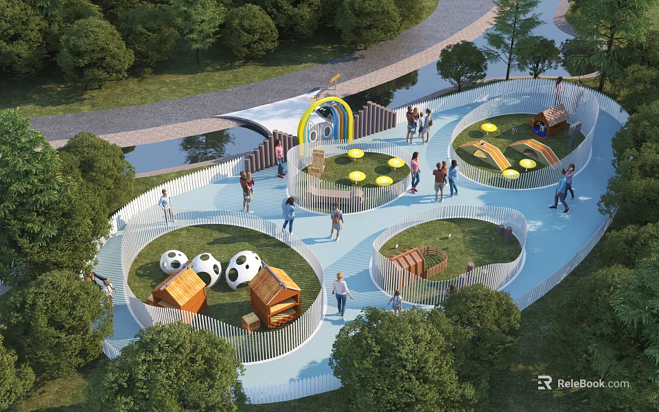 Outdoor Family Fun Playground With Slides Soccer Balls Green Trees And People Playing 3d model 