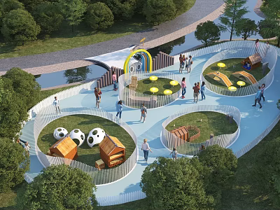 Outdoor Family Fun Playground With Slides Soccer Balls Green Trees And People Playing 3d model