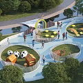 Outdoor Family Fun Playground With Slides Soccer Balls Green Trees And People Playing