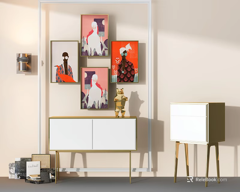 Modern White Shoe Cabinet With Gold Legs And Minimalist Storage Design In Interior 3d model 