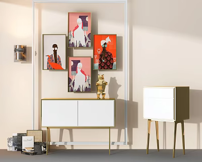 Modern White Shoe Cabinet With Gold Legs And Minimalist Storage Design In Interior 3d model