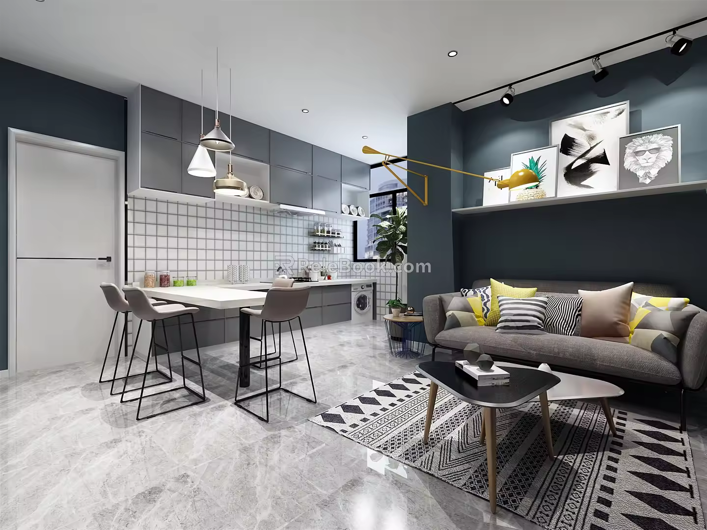 Nordic Apartment Single Apartment Double Sofa Coffee Table Carpet Hanging Picture Orbit Shoot 3d model