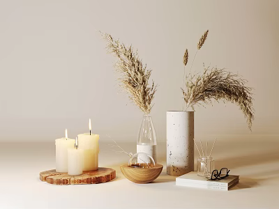 Decorative Ornament Set With Candles Vases Dried Pampas Grass And Wooden Tray 3d model