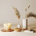 Decorative Ornament Set With Candles Vases Dried Pampas Grass And Wooden Tray