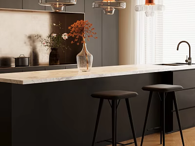 Elegant Modern Dining Table Interior With Marble Top Black Stools And Floral Vase 3d model