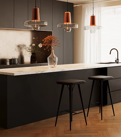 Elegant Modern Dining Table Interior With Marble Top Black Stools And Floral Vase 3d model