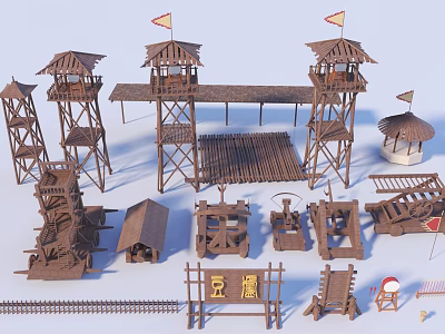 Ancient Wooden Siege Weapons Including Catapults Watchtowers And Arrow Towers 3d model