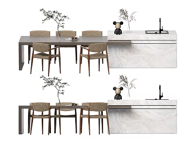 Modern Wooden Dining Table Set With Chairs Green Plant Decorative Figurine And Countertop 3d model