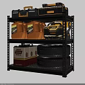 Black Metal Storage Shelf with Toolboxes Oil Drums Motor Oil Containers and Tires
