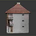 Traditional Two Story Building with Red Tiled Roof Gray Walls and Wooden Balconies