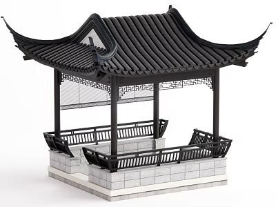 Traditional Chinese Pavilion With Black Tiled Roof Curved Eaves And Stone Base 3d model