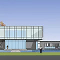 Modern Office Building Exterior With Glass Curtain Wall Steel Structure And Entrance Area