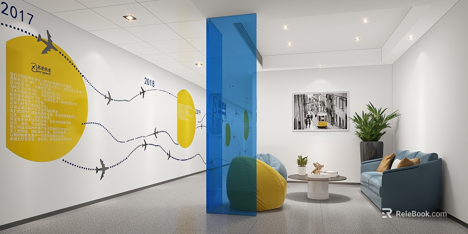 Modern Office Hallway Interior With Blue Transparent Partition Yellow Circular Decorations And Airplane Route Patterns 3d model 