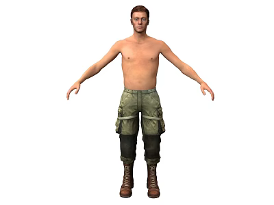 A Shirtless Man In Camouflage Pants And Brown Boots With Arms Outstretched 3d model