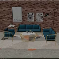 Modern Blue Sofa Set and Coffee Table with Gold Frame and Brick Wall Artwork 3d model
