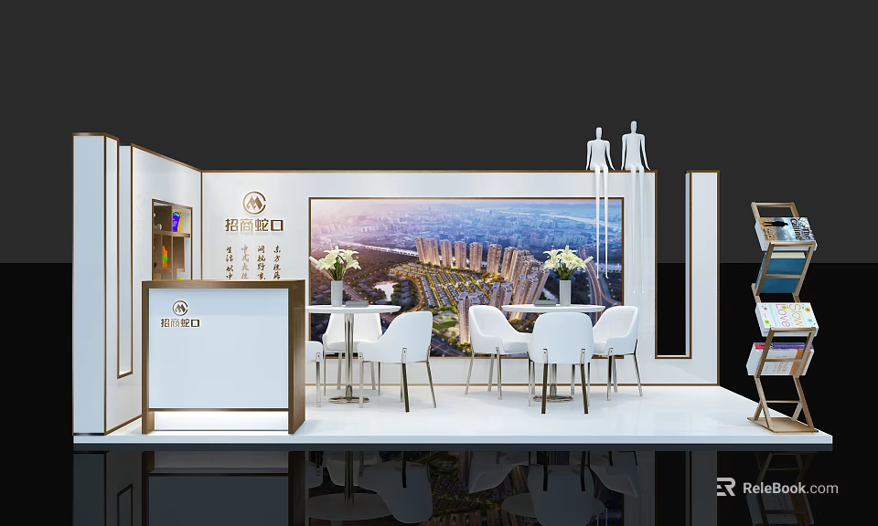 Modern Exhibition Booth With Reception Desk Cityscape Backdrop White Tables Chairs And Chandeliers 3d model 