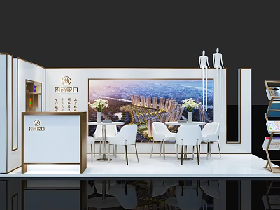 Modern Exhibition Booth With Reception Desk Cityscape Backdrop White Tables Chairs And Chandeliers 3d model