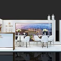 Modern Exhibition Booth With Reception Desk Cityscape Backdrop White Tables Chairs And Chandeliers