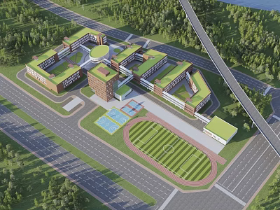 School Building Complex Featuring Green Roofs Classroom Buildings Sports Field Surrounded By Trees And Roads 3d model