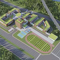 School Building Complex Featuring Green Roofs Classroom Buildings Sports Field Surrounded By Trees And Roads