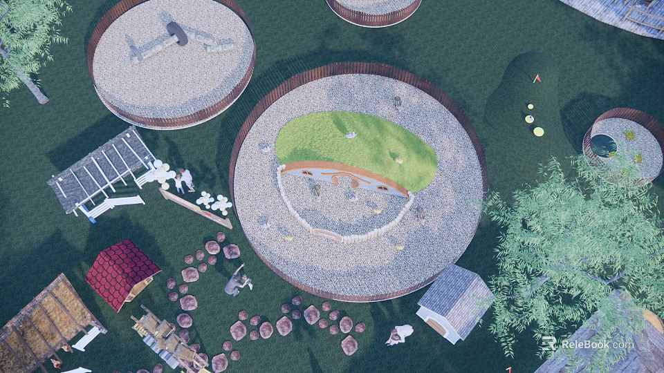 Circular Outdoor Recreational Space With Green Lawn Stone Paths And Small Buildings 3d model 