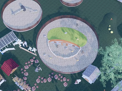 Circular Outdoor Recreational Space With Green Lawn Stone Paths And Small Buildings 3d model