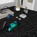 Decorative Ornament Set With Glasses Books Pen Smartphone White Earbuds Coffee Mug And Glass