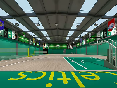 Spacious Indoor Basketball Court With Wooden Floor Green Walls And Ceiling Lights 3d model