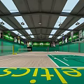 Spacious Indoor Basketball Court With Wooden Floor Green Walls And Ceiling Lights